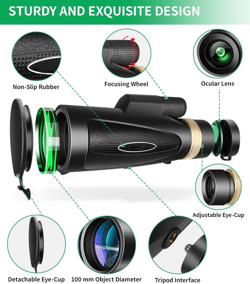 KTBDING Monocular Telescope 80x100 HD Monoculars for Adults with Tripod & Phone Adapter, Monoculars for Bird Watching Stargazing Camping Hiking Hunting Wildlife Travel-Black - Image 2